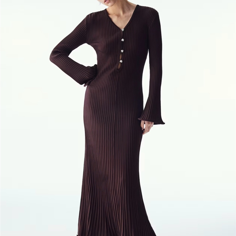 H&M Brown Ribbed Bodycon Dress with Bell Sleeves